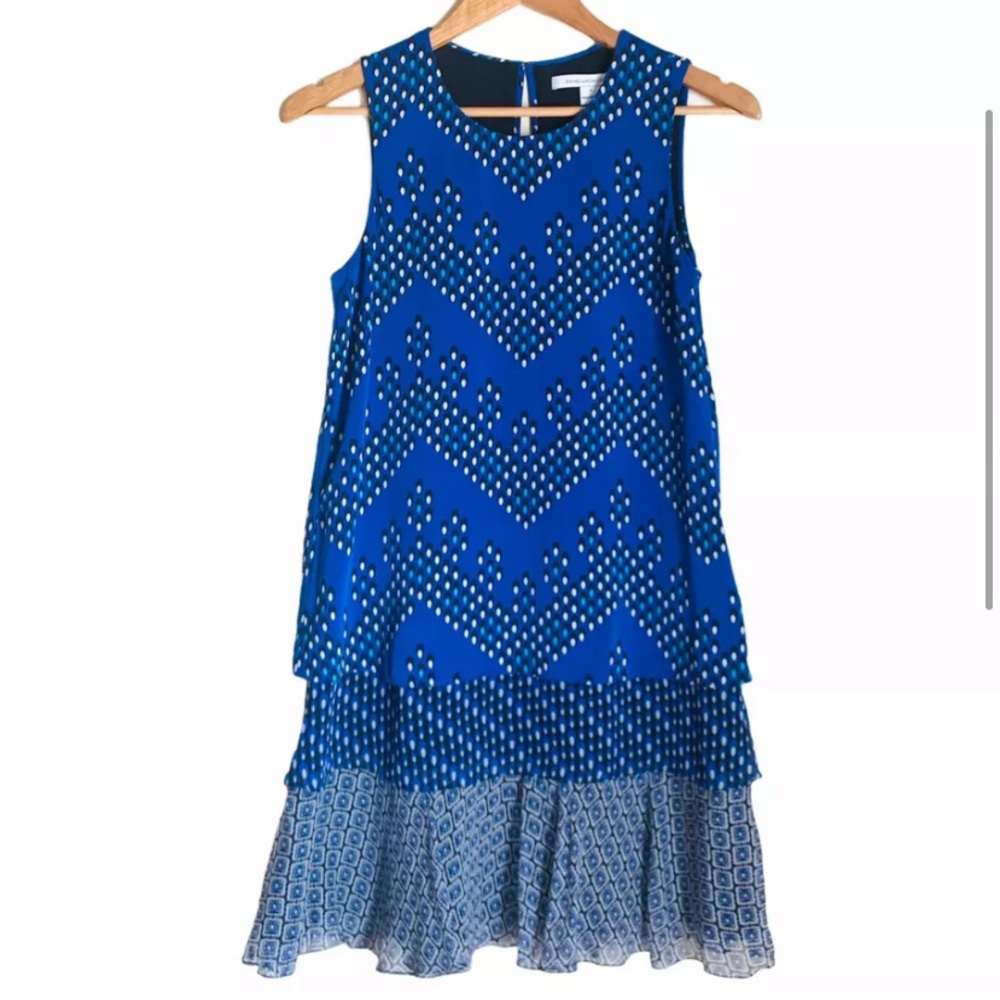 Diane Von Furstenberg Liza Tiered Shift Mini Dress Size P Blue Silk Blend
